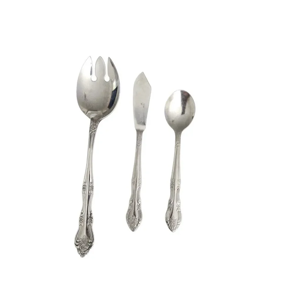 WM Rogers Dream Rose Stainless Flatware Serving Set 3 Pc Korea Vintage
